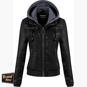 Women's Faux Leather Bomber Jacket Waterproof Motorcycle Biker Coat Removable